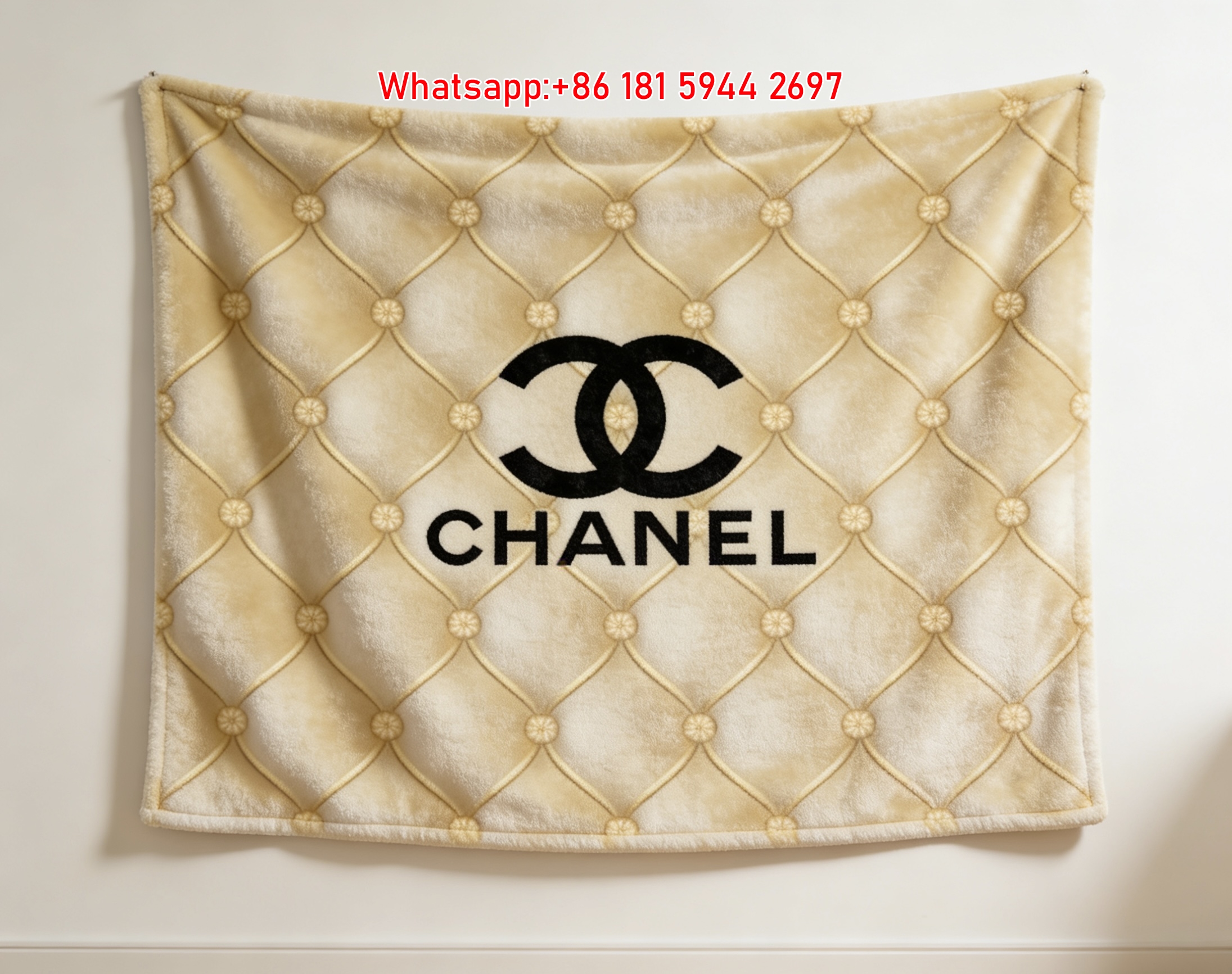 Chanel Interlocking CC Logo Flannel Throw Blanket - Luxury Gold Tufted Wall Hanging Decor IMG_7268